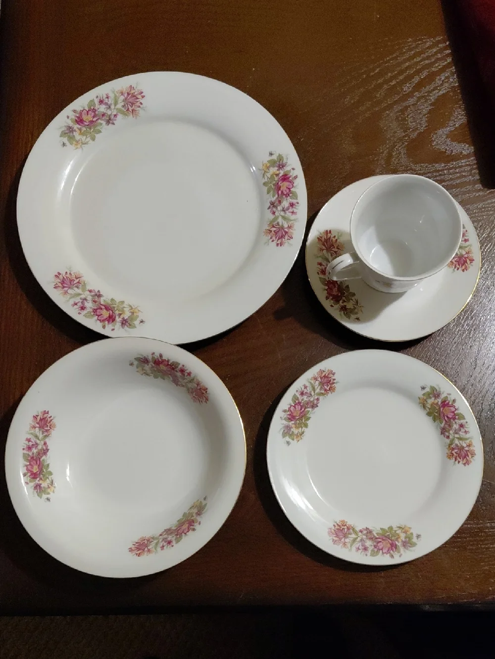 Vintage Porcelain Classic Floral Dinnerware Set - White with Pink Floral Accents